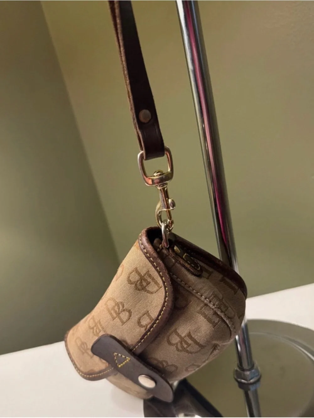Dooney & Bourke Tan Brown Signature Monogram Mini Wristlet Leather Strap & Trim